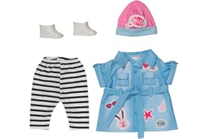 BABY born Deluxe Jeans Kleid, Puppenkleid mit gestreifter Leggings, rosa Mütze und Schunen für 43 cm Puppen, 832585 Zapf Creation
