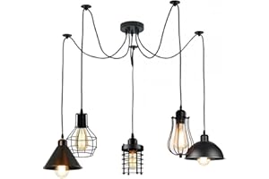 LEDSONE Vintage 5 reflektorów lampa pająk lampa wisząca regulowana wysokość metal czarna klatka abażur retro industrialny żyrandol sufitowy z oprawką E27