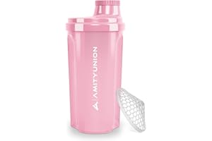 AMITYUNION Protein Shaker 700 ml "Heaven" étanche, sans BPA avec tamis cliquable et balance pour shakes de lactosérum crémeux, coupes de fitness pour isolats et concentrés sportifs, original en Rose corail