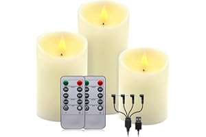 ALED LIGHT Cera Real Recargable Velas Parpadeantes Realista, Blanco Cálido Velas sin llama recargables con mando a distancia para la decoración del hogar Idea Regalo，Pack 3(D 3 "X H 4" 5" 6")