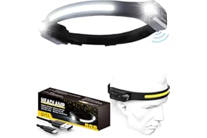 COYONCE LED Head Torch Rechargeable, 2 Spot 1200LM Headtorch with Motion Sensor Control, 230° Wide COB Headlamp, 5 Lighting Modes, IPX4 Waterproof Headband Flashlight for Hiking, Running, Camping, 1 Pack
