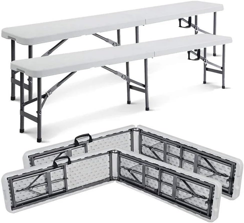 YOEVU Pack de 2 Bancos Plegables Portátiles, Multifuncional, Plástico HDPE, 183x28x43cm, Capacidad 300kg, Moderno, Banco Jardín Exterior para Camping y Patio, Blanco