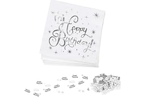 QTKSCEADLNCE 40 PCS Servietten Happy Birthday, Weiß Gold Happy Birthday Papierservietten Geburtstag Party Servietten Premium Stoffähnlich Tischdeko mit Happy Birthday-Konfetti für Geburtstagsfeier (Silber)