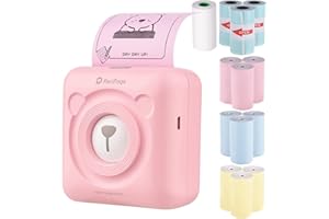 Bisofice Imprimante photo A6, mini imprimante thermique de poche, portable sans fil BT pour étiquettes, mémos, reçus, avec 12 rouleaux de papier thermique 57 x 30 mm, rose