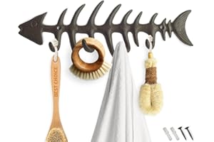 Comfify Portasciugamani a parete con osso di pesce decorativo Elegante gancio in ghisa con 4 ganci pesce - Include viti e ancoraggi - Marrone