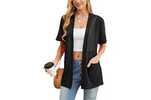 PrinStory Cardigan d'été léger à manches courtes pour femme avec poche décontractée ouverte sur le devant et col en V