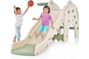 COSTWAY Zjeżdżalnia outdoorowa, 4 w 1 zjeżdżalnia, tunel, kosz do koszykówki i drabina, słoń, zjeżdżalnia dziecięca do użytku wewnątrz i na zewnątrz, dla dzieci od 18 miesięcy
