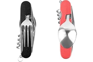 FUZVOL Lot de 2 Couverts de Camping Pliables en Acier Inoxydable 6 en 1 - Ustensiles Portables - Vaisselle d'extérieur pour Voyage, randonnée, Pique-Nique