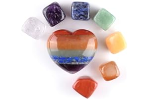 JSDDE Pierre 7 Chakras Forme de Cœur Brute Stéréoscopique Quartz Cristal Chakra Lot de Pierre Précieuse Poli Guérison Yoga Décoration Coeur Chakra + Pierre Polie