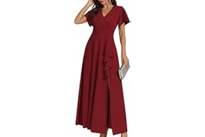 COOAN Frauen Schwarz Lang Formelle Kleider Cocktail Hochzeit Gastkleider Rüschen Teilung Elegant V Hals Party Kleider