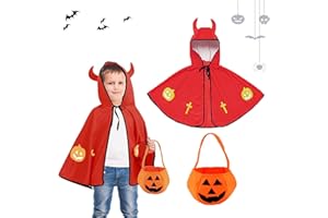 AOMAIGAD Capa del Mago para Halloween,Capa del Diablo de Halloween para Niños,Capa de Bruja de Halloween para Niños,Pack de Caramelos con Calabaza,Disfraces de Cosplay de Halloween (rojo)