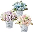 HOTLIKE Artificial Flowers Plants Set of 3, Fake Plants With Metal Pot, Indoor and Outdoor Mini Artificial Potted Plant, Perfect Decoration Gift for House Office Desk Kitchen Wedding (Rose 2)