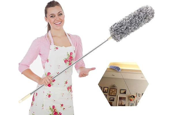 Plumeau extensible, plumeau en microfibre avec manche télescopique en acier inoxydable de 254 cm et capuchon en silicone souple, facile à absorber la poussière, antistatique, parfait pour nettoyer les