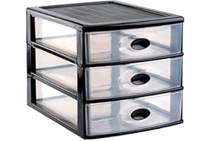 Acan Tradineur - Commode de bureau Loire en plastique, 3 tiroirs transparents, tour de rangement multi-usages, bureau, salle de bain (noir, 27 x 27 x 35,5 cm)
