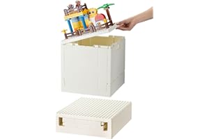 SHIMOYAMA Collapsible Storage Box with Baseplate Lid for Duplo, 25L Stackable Bin with Separate Building Board for Lego, 26 Qt. Folding Container for Lego Duplo Mega Bloks Storage (White)