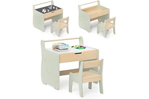 COSTWAY Stół dziecięcy z krzesłem, zestaw mebli do siedzenia dla dzieci 3 w 1 z drewna z odwracalnym i zdejmowanym blatem, stół do malowania dla dzieci z miejscem do przechowywania i uchwytem na rolki