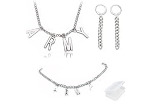 PPX Kpop BTS Army Letters Bracelet Necklace Set Vintage Chic Unisex and 2 Earrings for Fans with Transparent Box