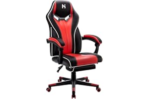 HLFURNIEU Chaise Gaming Ergonomie, Fauteuil Gamer avec Hauteur Réglable, Siege Gaming Repose-Pieds Télescopique, Fauteuil de Bureau avec Dossier Réglable, Noir et Rouge