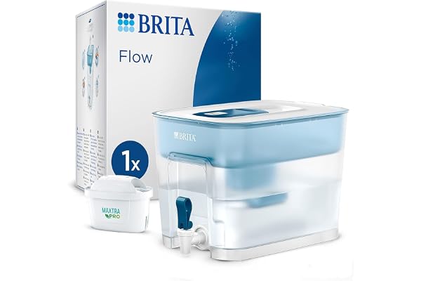 BRITA Flow Vattenfilter XXL (8,2 l) inkl. 1 x MAXTRA PRO All-in-1 patron – kylskåpsdryckesdispenser med kran och stor kapacitet – minskning av kalk, klor, bly och koppar i dricksvattnet