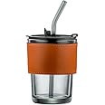 Eco Shopee SHOPPING SIMPLIFIED Stylish and Reusable Coffee Mug 360ml Glass Tumbler with Heat-Resistant Rexine Band, Straw, and Leakproof Lid for Hot & Cold Beverages (GT-3002B) (1)