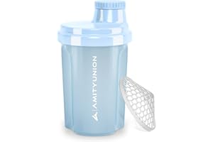 AMITYUNION Protein Shaker 300 ml "Heaven" étanche, sans BPA avec tamis cliquable et balance pour shakes de lactosérum crémeux, coupes de fitness pour isolats et concentrés sportifs, original en Bleu ciel