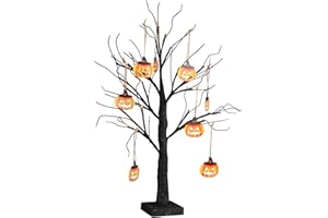 EAMBRITE Small Black Glitter Halloween Tree Light with 24 Orange LEDs Battery Operated Lighted Spooky Pumpkin Display Tree for Party Decoration (60cm/2ft)