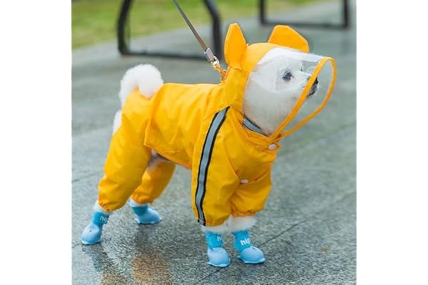 Dog Raincoats Rain Snow Coats Waterproof Clothing (4 Four Legs) Raincoat Full Cover Dogs Hooded Transparent (Yellow Colour with Decorative Hooded Ears) (20)