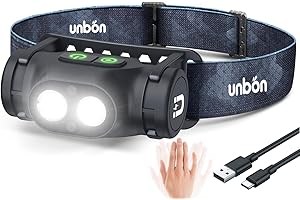 UNBON Linterna Frontal LED Recargable USB C, Linterna Cabeza LED Alta Potencia con 3 Modos de Iluminación, Sensor Movimiento y Base Magnética, Luz Frontal Cabeza Potente Recargable Impermeable IPX4