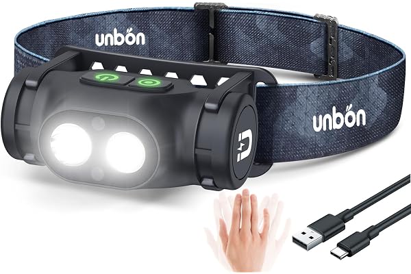 UNBON Lampe Frontale LED Ultra Puissante, Lampe Frontale Rechargeable USB C avec Détecteur de Mouvement et Base Magnétique IPX4 Étanche Légère Lampe Torche Frontale pour Bricolage Randonnée Camping