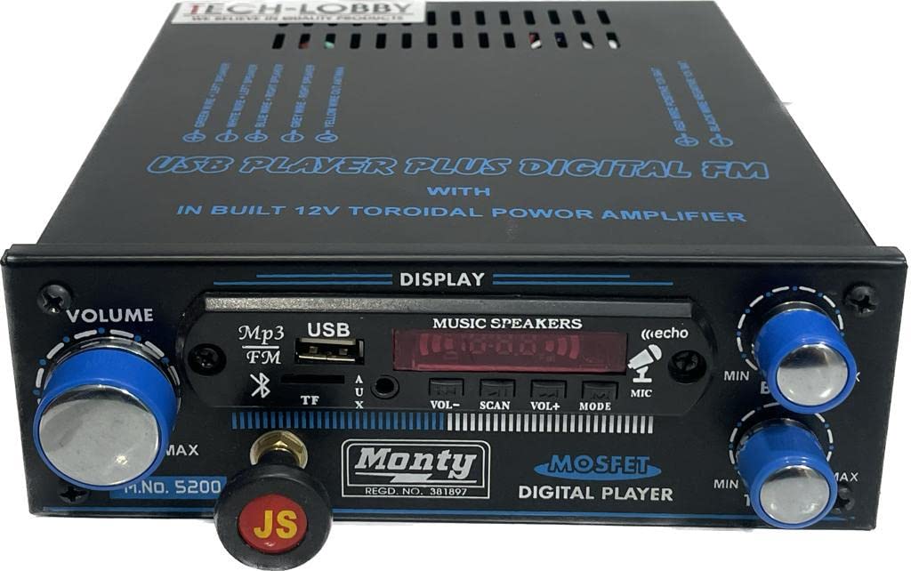 Tech-lobby 5200-1943 4'Mosfet STERIO Power Amplfiier With Cooling Fan & Remote For Vehicles 12-35 V DC With Bluthooth, Usb, Aux,MMC, FM Radio etc 2000 Watt P.M.P.O