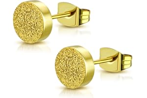 BlackAmazement Set di 2 Orecchini a Perno in Acciaio Inox 316L, Diametro 5 mm, Rotondi, Rotondi, a Cerchio, sabbiati, con Glitter, Colore Argento