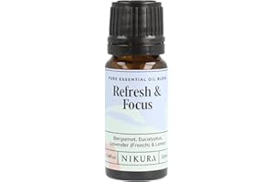Nikura Refresh & Focus Essential Oil Blend - 10ml | Made from Bergamot, Eucalyptus, Lavender & Lemon | for Aromatherapy, Diffusers, Soap Making, Candle Making, Studying | Vegan & UK Made