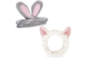 2 Stück Haarband Kosmetik Hasenohren Katzenohren, FUKPO Make Up Stirnbänder Dusche Haarband Waschen Gesicht Kosmetisches Stirnband, Elastische Korallen Fleece Haarbänder Damen Yoga Sport Spa Beauty