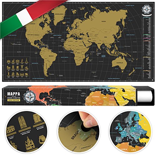 #benehacks Carte du Monde à gratter Poster Mural en Italien - Décoration carnet de Voyage Aventures avec cartographie détaillée - Or/Noir - 84 x 44 cm