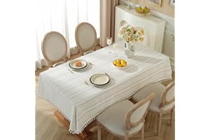 Pahajim Obrus Prostokątny Obrus Bawełniany Lniany z Frędzlami, Łatwy do Czyszczenia, Zmywalny, Bezmarszczący Obrus do Kuchni, Jadalni, na Imprezę, Dekoracja Stołu (Biały z Paskami, 140 x 240 cm)