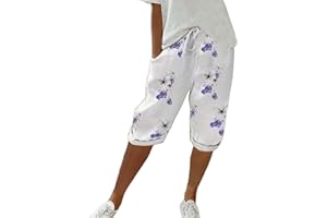 Chanpning Short d'été décontracté en Coton et Lin avec Cordon de Serrage à la Taille et Poches pour Femme - Short de randonnée - Longueur Genou - Vêtement de détente Taille Haute - Pantacourt