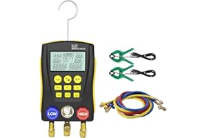 PLAYOCCAR Digital Refrigerant Manifold Gauge Kit HVAC Pressure Vacuum Tester for 93 Refrigerants (Including R134A, 1234YF, R22, R12, R404A, R410A) with Test Pliers and Air Conditioning Connecting