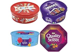 BQHY 4 x Chocolate Tubs ASSORTED PACK 1 EACH Of Celebrations 650g, Heros 600g, Roses 600g, Quality Street 650g Chocolate Sharing Tub Perfect For Any Occasion