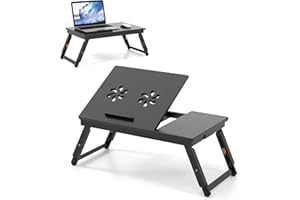 LIFEZEAL Tavolino Pieghevole PC, Vassoio Portatile per Mangiare a Letto, in Bambù, con Cassetto, Piano Inclinabile, Altezza Regolabile, Dispersione di Calore, Anticaduta, Max 15kg (marrone)