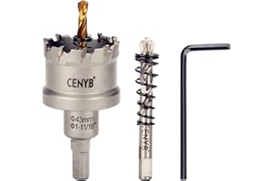 CENYB scie cloche metal 1-11/16" (43mm) à pointe en carbure de tungstène, avec 2 forets pilotes titanées - Idéale pour métaux durs, acier inoxydable, fer, alliage d'aluminium, bois et plastique