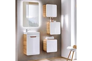 Lomadox Badmöbel Gäste WC Bad-Set Hochglanz weiß mit Wotan Eiche Nb., Waschtisch mit Keramik-Waschbecken