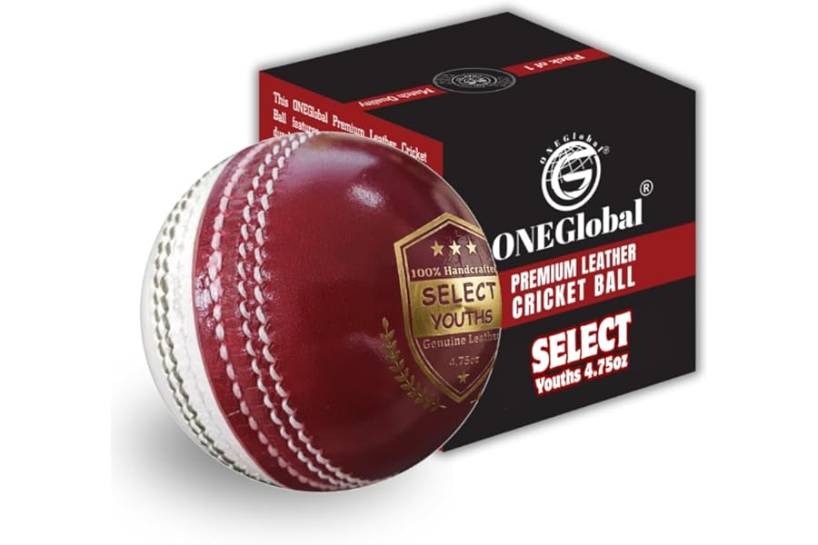 ONEGlobal Select Leather Cricket Ball for Match, Practice & Training | Senior 5.5oz & Junior 4.75oz Genuine Leather Hard Cricket Balls in Red, White, Pink or Red&White