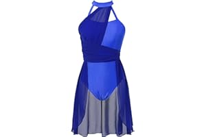 Agoky Abito da Pattinaggio Artistico sul Ghiaccio Donna Chiffon Patchwork Vestito Danza Classica Abito da Ballo Leotards Body da Balletto Senza Manica Jazz Danza Moderna