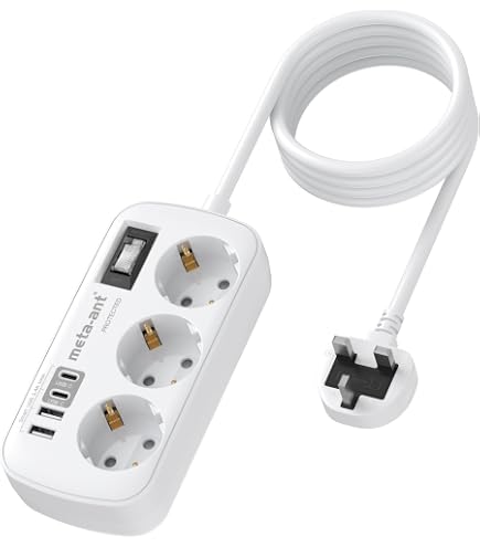 Adattatore Da Viaggio UK Tipo G – 3 Prese E 4 USB (2 USB-C), Cavo 1,5 M, Per Europa A Inghilterra, Irlanda, Dubai, Singapore