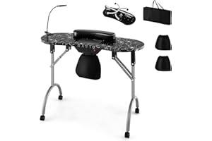 COSTWAY Folding Manicure Nail Table, Portable Nail Station Beauty Technician Desk with Dust Collector, LED Lamp, Wrist Pad, Lockable Wheels & Carrying Bag, Mobile Professional Spa Salon Table (Black)