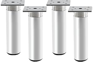 Rusoz 4 Pièces Pieds de Meuble Reglable,Pieds de Table Metal 150 mm Hauteur Pieds De Lit Alliage D'aluminium Argent Mat Rond Hauteur Réglable 0-20 mm avec Vis pour Canapé, Lit, Et Armoires