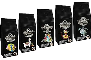 RARITÄTEN DER COFFEE & TEA COMPANY Landder zestaw upominkowy do kawy "Ameryka Południowa", ziarna kawy świeżo palone 5 x 65 g całe ziarno w wysokiej jakości pudełku prezentowym jako prezent