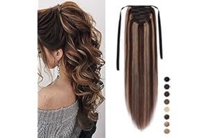 SEGO 18"(45cm) Coleta Postiza Larga Pelo Natural Clip Lisa #4/27 Marrón Medio/Rubio Oscuro Extensiones de Cabello Humano 100% Remy Ponytail Extension (90g)