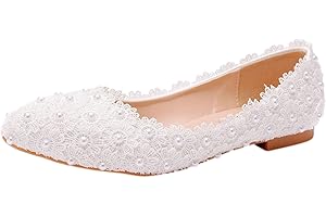 Jamron Donna Elegante Fiore Pizzo Perle Scarpe da Sposa Pumps Suola Morbida Ballerine a Punta