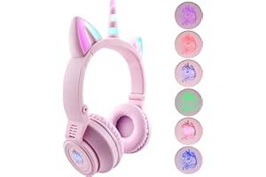 YUSONIC Unicorn Headphones, Bluetooth Headphones for Girls Boys Laptop Tablet, LED Lighting Kids Headphones for Birthday Travel School Gifts (VIOLET)